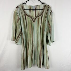 Catherine’s Blouse Sz 3X Pleated V- Neck -Beaded Neckline Semi Sheer -Tiny Flaw